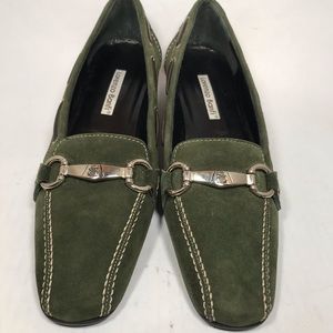 Lorenzo Banfi green suede stitched loafers